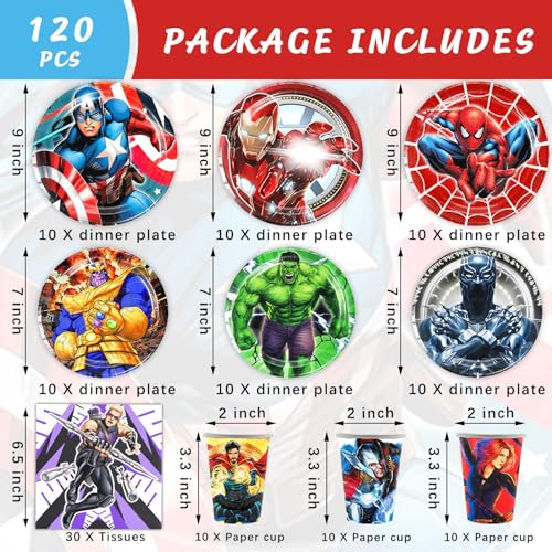 120pc Super Hero Birthday Party Décor Set: Plates, Cups, Napkins