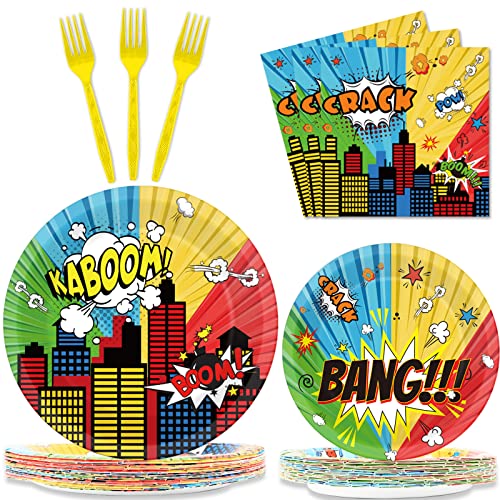 gisgfim 96 Pcs Super Theme Hero Party Plates and Napkins Party Supplies Hero Themed Party Tableware Set Hero Action Disposable Decorations Favors for Birthday Baby Shower for 24 Guests