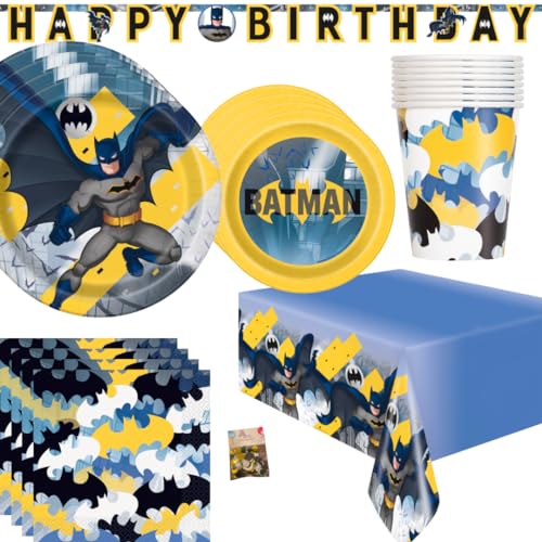 Batman Birthday Party Supplies including Batman Birthday Decorations and Batman Plates and Cups and other Tableware for 16 Guests for Boy's Batman Party or Superhero Birthday Party