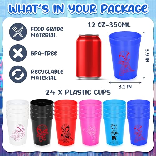 Ealumu Super Hero Party Plastic Cups - 24 Pcs SpIdey and His Amazing Friends Themed 12 OZ Reusable Plastic Cups Party Supplies Drinking Cups for Super Hero Birthday Party Favors Decorations