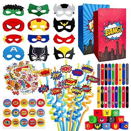 113PCS Superhero Party Favor Supplies -Reusable Drinking straws Masks&Slap Bracelets Candy Bags&Superhero Stickers Gifts for Kids Birthday Superhero Themed Party Favors Birthday Decorations