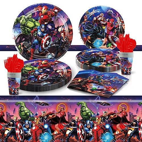 Superheroes Party Tableware,Birthday Party Supplies Table Cover - Plates - Napkins and More, Serves 20 Guests