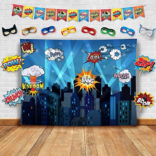 Superhero Party Backdrop with Props, Mask & Cityscape