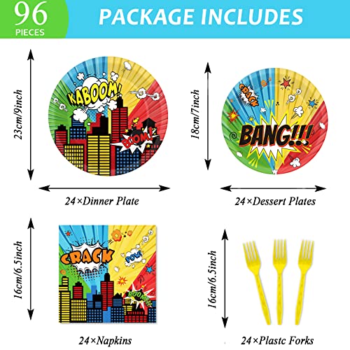 gisgfim 96 Pcs Super Theme Hero Party Plates and Napkins Party Supplies Hero Themed Party Tableware Set Hero Action Disposable Decorations Favors for Birthday Baby Shower for 24 Guests