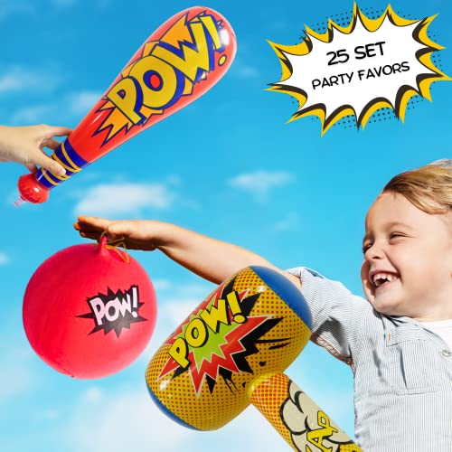 25 Pc Set, 12 Oversized 20'' Pow Inflatable Baseball Bats, 12 Punch Balloon, 1 Huge 30" Bopper - for Superhero Theme Birthday Party Favors for Kids, Carnival Prizes Party Supplies by 4E's Novelty