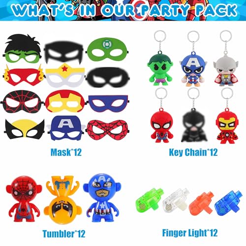 146Pcs Birthday Gifts Party Favors for Boys, 12Pack Masks Key Chians Tumblers Finger Lights Slap Bracelets Pins Bubble Wands 50Pcs Stickers, Cartoon Hero Game for Kids Prizes Rewards