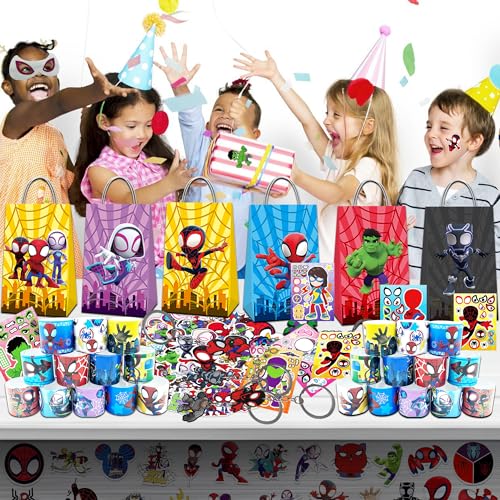 116PCS Spider and His Amazing Friends Party Favor for Kids Birthday, Spider Superhero Supplies Gifts and Theme Decorations, Classroom Rewards, Include Mask, Slap Bracelet, Bags, Stickers, Keychains