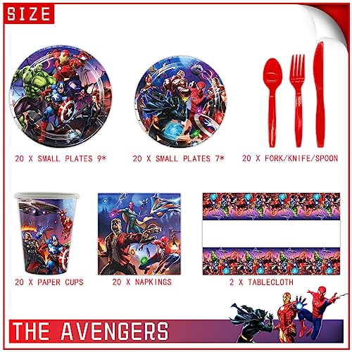 Superheroes Party Tableware,Birthday Party Supplies Table Cover - Plates - Napkins and More, Serves 20 Guests