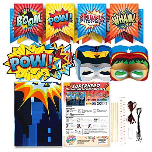 Superhero Party Backdrop with Props, Mask & Cityscape