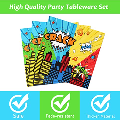 gisgfim 96 Pcs Super Theme Hero Party Plates and Napkins Party Supplies Hero Themed Party Tableware Set Hero Action Disposable Decorations Favors for Birthday Baby Shower for 24 Guests