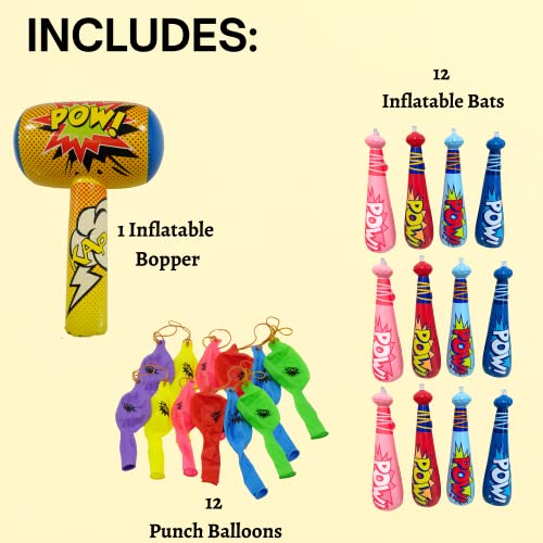 25 Pc Set, 12 Oversized 20'' Pow Inflatable Baseball Bats, 12 Punch Balloon, 1 Huge 30" Bopper - for Superhero Theme Birthday Party Favors for Kids, Carnival Prizes Party Supplies by 4E's Novelty