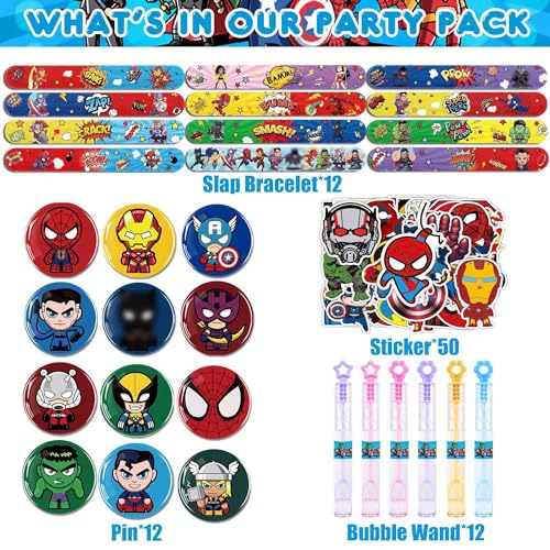 146Pcs Birthday Gifts Party Favors for Boys, 12Pack Masks Key Chians Tumblers Finger Lights Slap Bracelets Pins Bubble Wands 50Pcs Stickers, Cartoon Hero Game for Kids Prizes Rewards