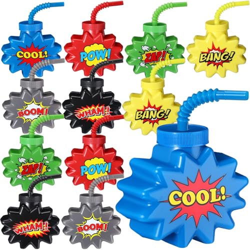 Comic Themed Party Favor Cups with Straws (12 Sets)