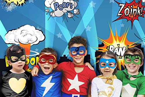 Superhero Party Backdrop with Props, Mask & Cityscape