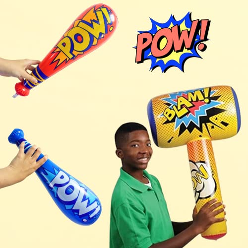 25 Pc Set, 12 Oversized 20'' Pow Inflatable Baseball Bats, 12 Punch Balloon, 1 Huge 30" Bopper - for Superhero Theme Birthday Party Favors for Kids, Carnival Prizes Party Supplies by 4E's Novelty
