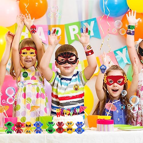 146Pcs Birthday Gifts Party Favors for Boys, 12Pack Masks Key Chians Tumblers Finger Lights Slap Bracelets Pins Bubble Wands 50Pcs Stickers, Cartoon Hero Game for Kids Prizes Rewards