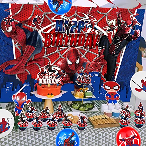 Spiderman birthday party supplies: banner, cake topper, backdrop