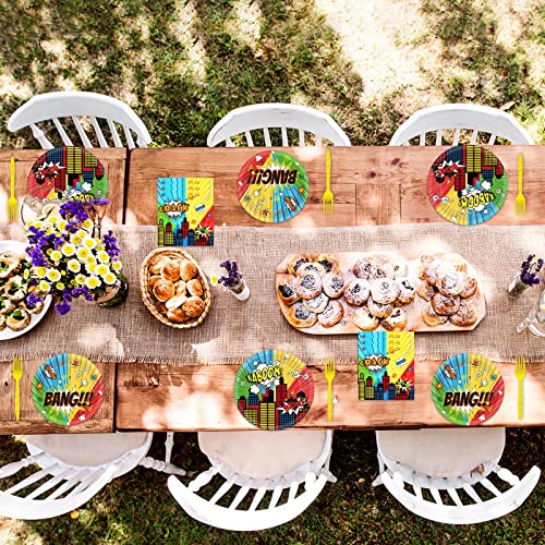 gisgfim 96 Pcs Super Theme Hero Party Plates and Napkins Party Supplies Hero Themed Party Tableware Set Hero Action Disposable Decorations Favors for Birthday Baby Shower for 24 Guests