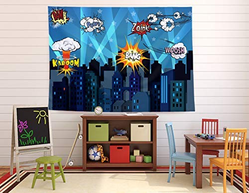 Superhero Party Backdrop with Props, Mask & Cityscape