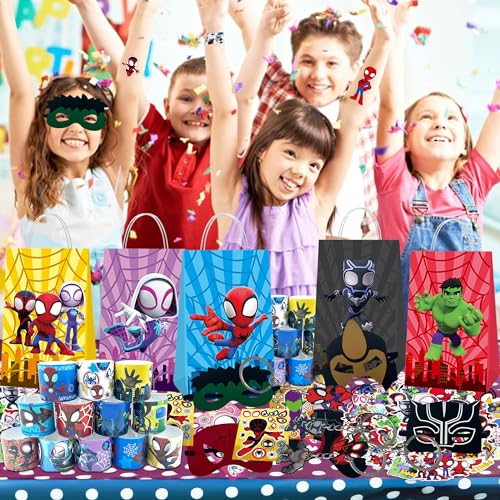 116PCS Spider and His Amazing Friends Party Favor for Kids Birthday, Spider Superhero Supplies Gifts and Theme Decorations, Classroom Rewards, Include Mask, Slap Bracelet, Bags, Stickers, Keychains