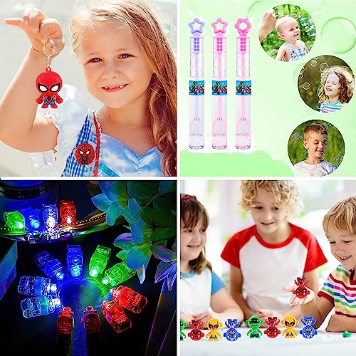 146Pcs Birthday Gifts Party Favors for Boys, 12Pack Masks Key Chians Tumblers Finger Lights Slap Bracelets Pins Bubble Wands 50Pcs Stickers, Cartoon Hero Game for Kids Prizes Rewards