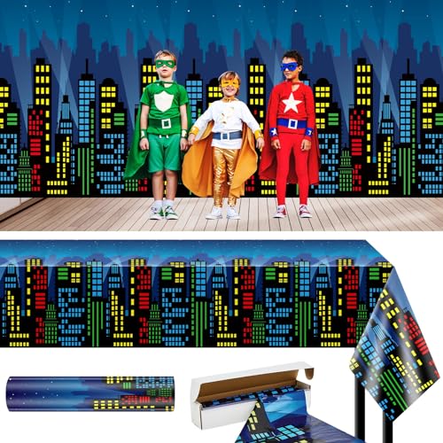 Buryeah Hero Party Decoration Cityscape Tablecloth Backdrop Roll 4.5x100 ft City Skyline Building Backdrop Plastic Cityscape Tablecloths for Hero Birthday Party Baby Shower Decor Supplies