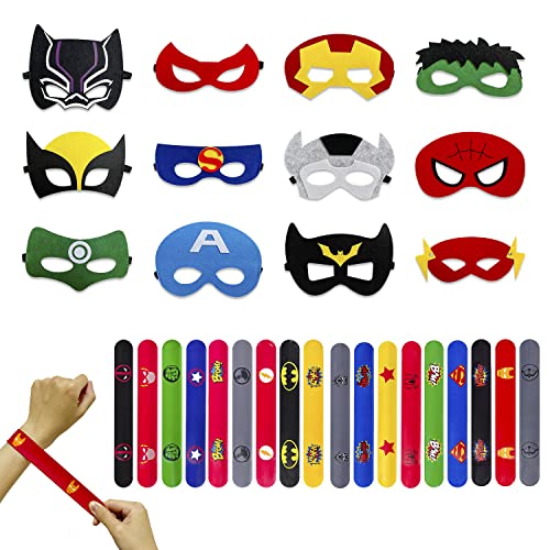 113PCS Superhero Party Favor Supplies -Reusable Drinking straws Masks&Slap Bracelets Candy Bags&Superhero Stickers Gifts for Kids Birthday Superhero Themed Party Favors Birthday Decorations