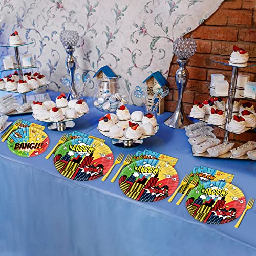 gisgfim 96 Pcs Super Theme Hero Party Plates and Napkins Party Supplies Hero Themed Party Tableware Set Hero Action Disposable Decorations Favors for Birthday Baby Shower for 24 Guests