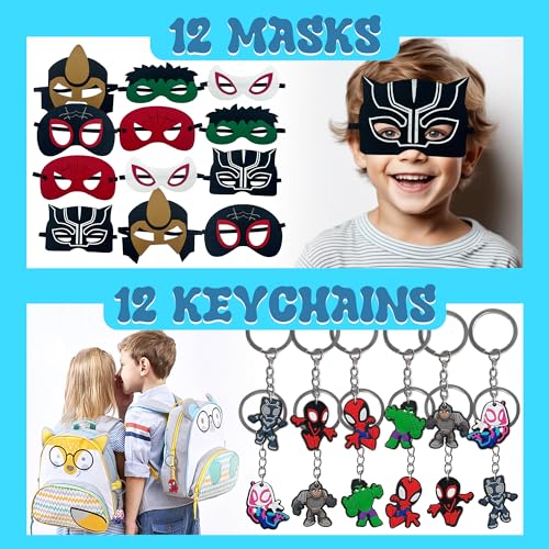 116PCS Spider and His Amazing Friends Party Favor for Kids Birthday, Spider Superhero Supplies Gifts and Theme Decorations, Classroom Rewards, Include Mask, Slap Bracelet, Bags, Stickers, Keychains