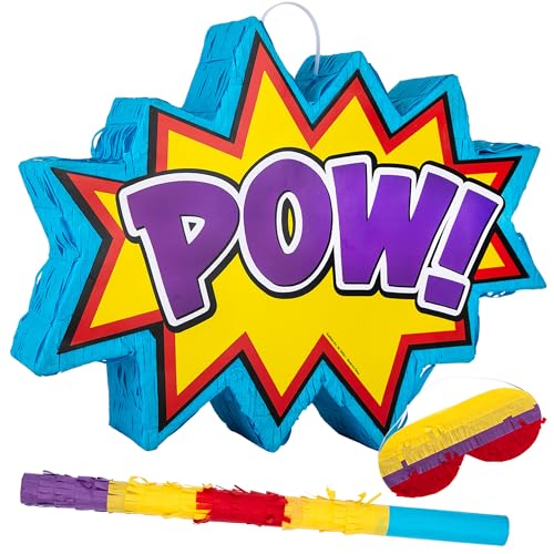 ArtCreativity Pow Superhero Piñata for Kids - Includes Pinata with Blindfold and Stick for Super Hero Party Supplies - Super Hero Party Decorations for Boys - Easy to Fill Birthday Party Piñata