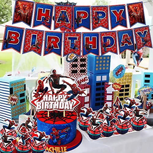 Spiderman birthday party supplies: banner, cake topper, backdrop