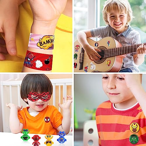 146Pcs Birthday Gifts Party Favors for Boys, 12Pack Masks Key Chians Tumblers Finger Lights Slap Bracelets Pins Bubble Wands 50Pcs Stickers, Cartoon Hero Game for Kids Prizes Rewards