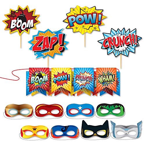 Superhero Party Backdrop with Props, Mask & Cityscape