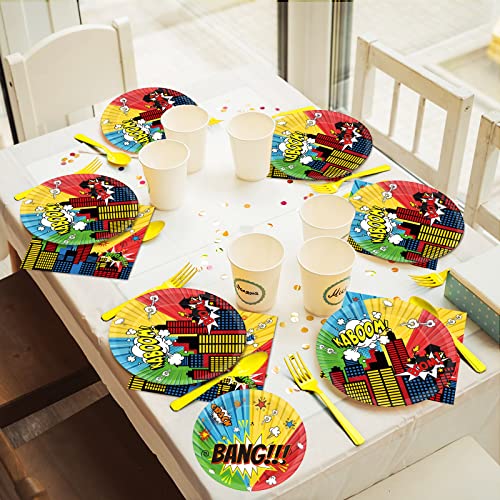 gisgfim 96 Pcs Super Theme Hero Party Plates and Napkins Party Supplies Hero Themed Party Tableware Set Hero Action Disposable Decorations Favors for Birthday Baby Shower for 24 Guests