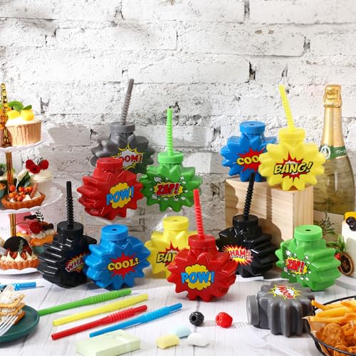 Comic Themed Party Favor Cups with Straws (12 Sets)