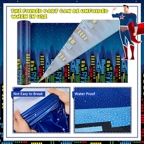 Buryeah Hero Party Decoration Cityscape Tablecloth Backdrop Roll 4.5x100 ft City Skyline Building Backdrop Plastic Cityscape Tablecloths for Hero Birthday Party Baby Shower Decor Supplies