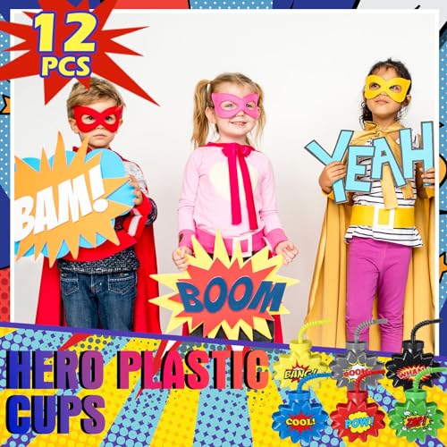 Comic Themed Party Favor Cups with Straws (12 Sets)