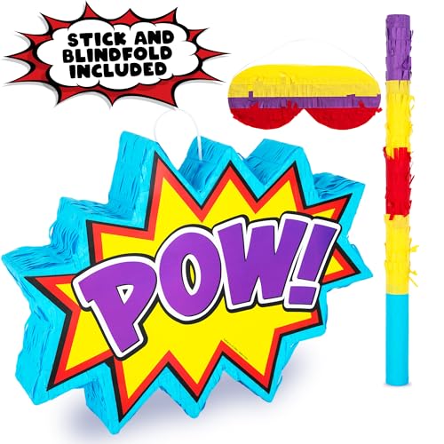 ArtCreativity Pow Superhero Piñata for Kids - Includes Pinata with Blindfold and Stick for Super Hero Party Supplies - Super Hero Party Decorations for Boys - Easy to Fill Birthday Party Piñata