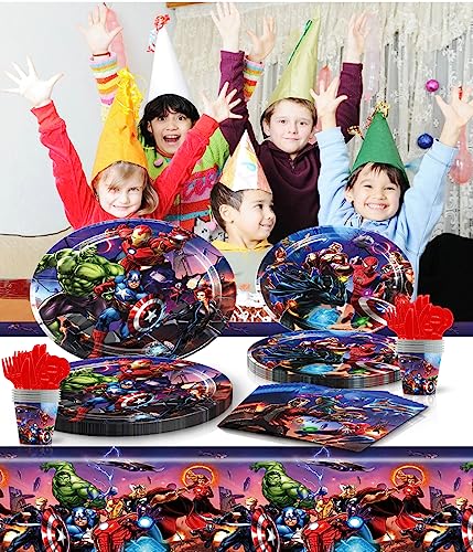 Superheroes Party Tableware,Birthday Party Supplies Table Cover - Plates - Napkins and More, Serves 20 Guests