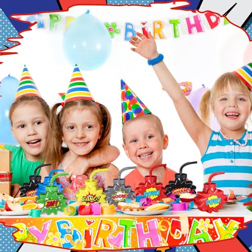 Comic Themed Party Favor Cups with Straws (12 Sets)