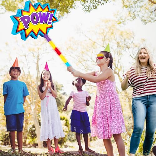 ArtCreativity Pow Superhero Piñata for Kids - Includes Pinata with Blindfold and Stick for Super Hero Party Supplies - Super Hero Party Decorations for Boys - Easy to Fill Birthday Party Piñata