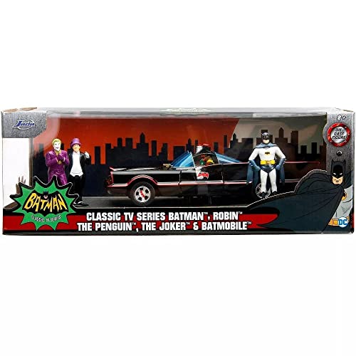 DC Comics 1:24 Classic TV Series Batman Batmobile Die-Cast Car & 2.75" Batman, Robin, Penguin, & The Joker Figures