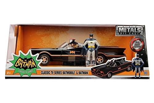 1966 Classic TV Series Batmobile 1:24 Die-Cast Car with 2.75" Batman and Robin Figures, Toys for Kids and Adults