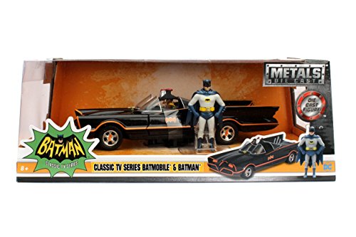 1966 Classic TV Series Batmobile 1:24 Die-Cast Car with 2.75" Batman and Robin Figures, Toys for Kids and Adults