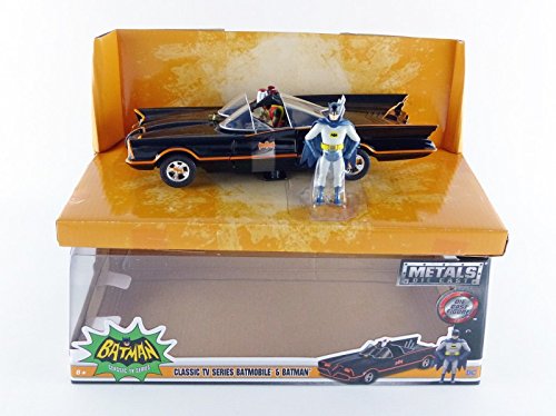 1966 Classic TV Series Batmobile 1:24 Die-Cast Car with 2.75" Batman and Robin Figures, Toys for Kids and Adults