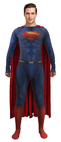 Bailu Halloween Mens Deluxe Superhero Costume Cosplay Bodysuit Junpsuit Zentai Onesie Outfit with Cloak for Adult