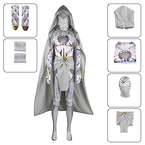 Yanmao Superhero Costume Mr Knight Cosplay Jumpsuit Cloak Set Adult Men Marc Spector Suit Halloween Cosplay (White, Large)