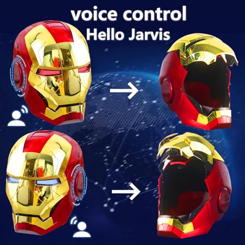 Polyacer Iron-mans Helmet Electronic MarK 5 Helmet Gold Voice Control/Sensing/Remote Control Open/Close With Sounds & LED Eyes Light Up Super Hero Movie 1:1 model Prop For Halloween Christmas Gift.