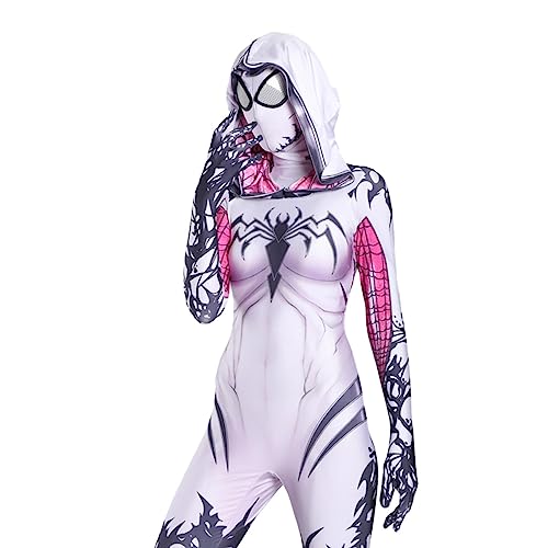 Spider Women Costume Bodysuit Adult with Mask and Lenses,Halloween Superhero Girl Cosplay Catsuit Jumpsuit Romper (S,whitepink)