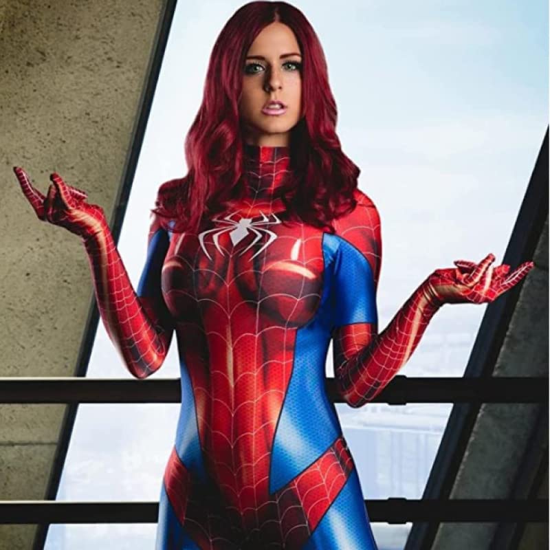 lixrysod Women's Superhero Cosplay Costume Stretch Breathable Halloween Costume Milk Silk Fabrics Cosplay Bodysuit (Red Blue, M)